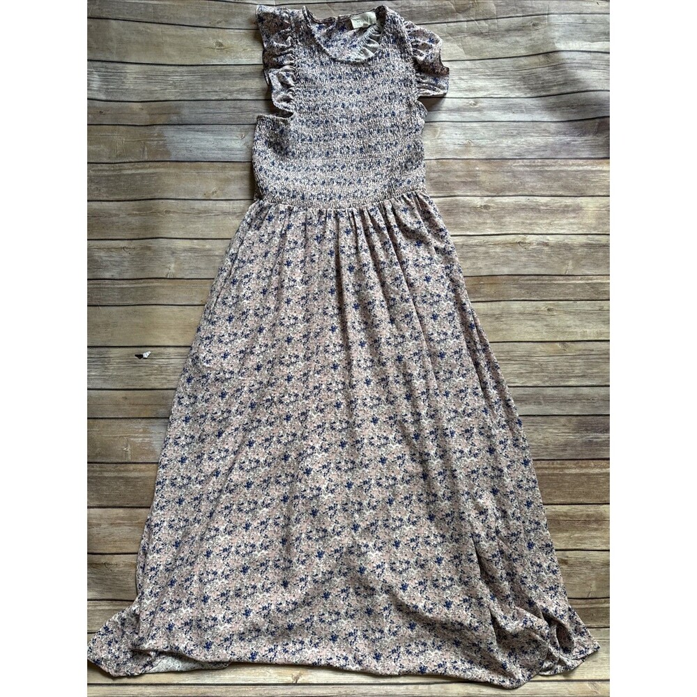 Melloday Dress Womens 8 Floral Print Smocked Mock Neck Tiered Maxi Pink